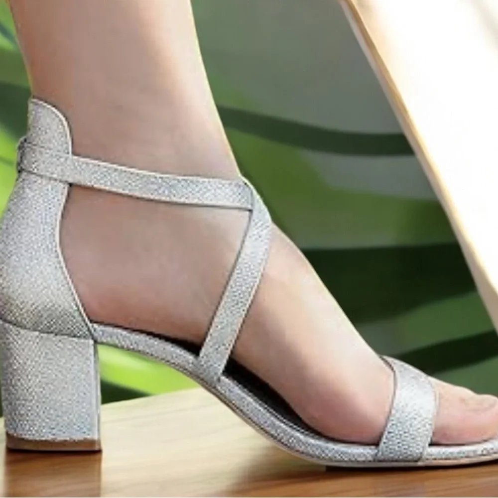 Nina Block Heels Sandals Womens 6.5 Silver Open Toe Ankle Strap Wedding Party